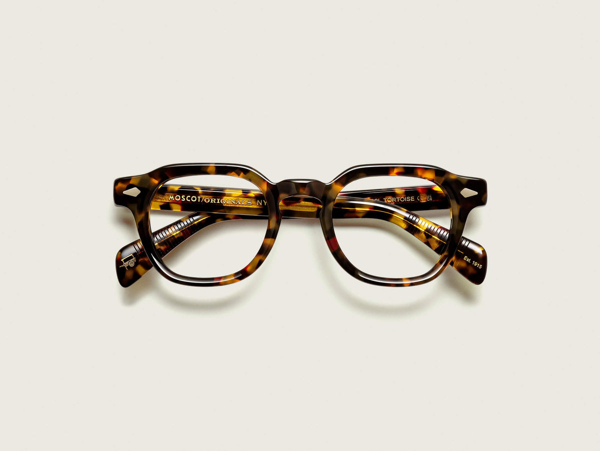 Moscot Dolt Tortoise (écaille) - vue pliée de face (visuel officiel)